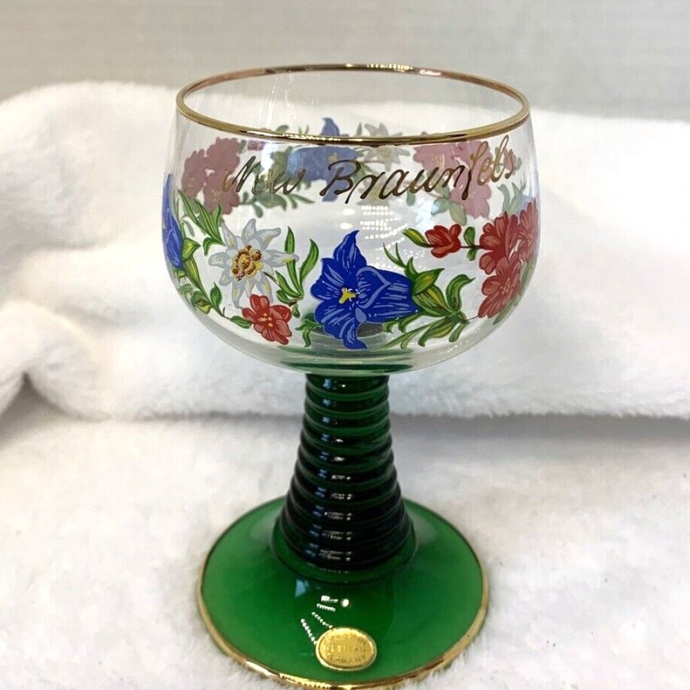 Vintage Romer Floral Wine Glass Goblet West Germany Green Stem France EUC